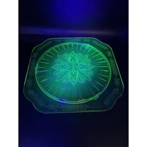 Vintage Uranium Glass 10” Footed Cake Plate, Jeanette Adam Green, UV Glow